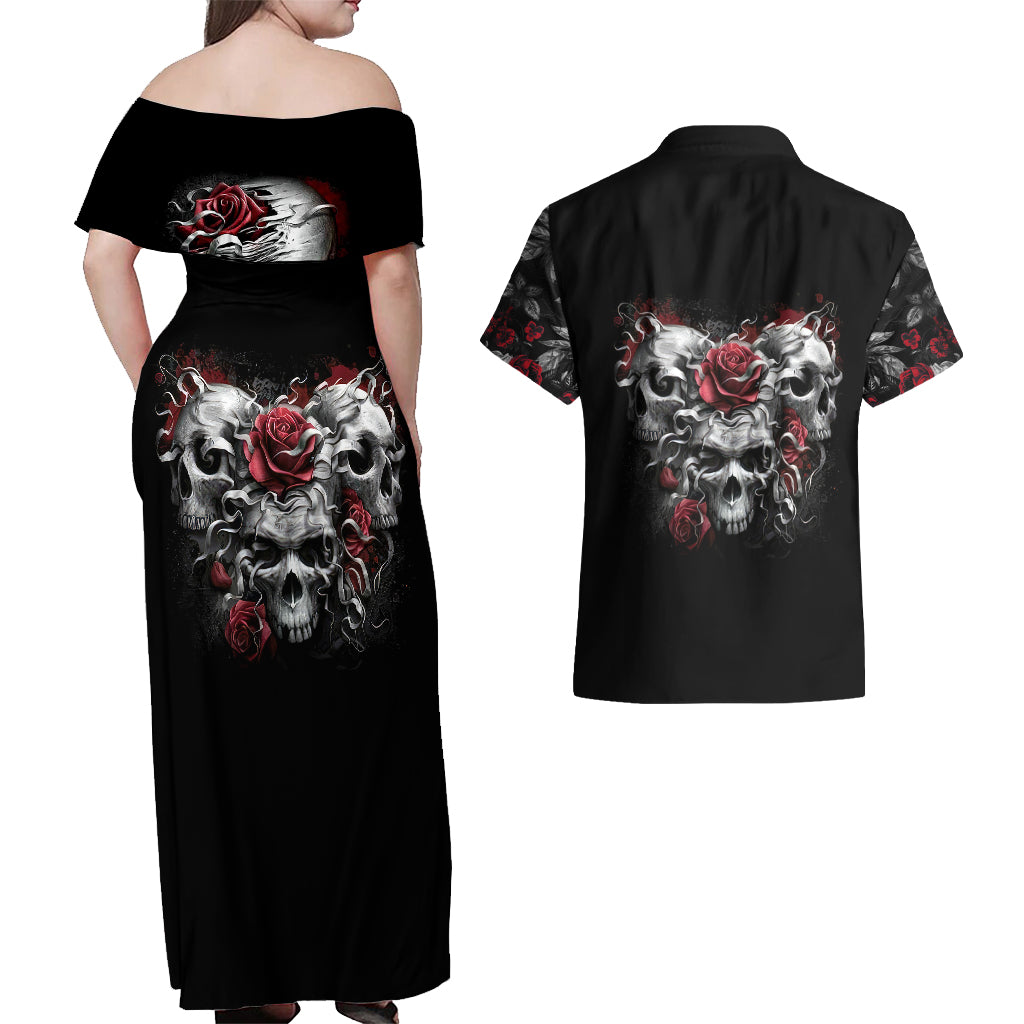 Skull Couples Matching Off Shoulder Maxi Dress and Hawaiian Shirt Three Skull No See Evil Rose - Wonder Print Shop