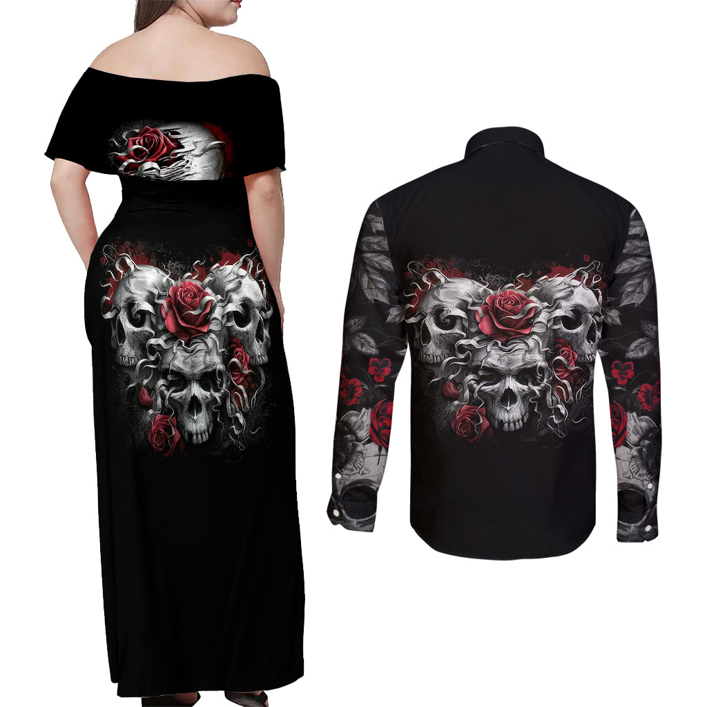 Skull Couples Matching Off Shoulder Maxi Dress and Long Sleeve Button Shirts Three Skull No See Evil Rose - Wonder Print Shop