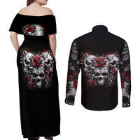 Skull Couples Matching Off Shoulder Maxi Dress and Long Sleeve Button Shirts Three Skull No See Evil Rose - Wonder Print Shop