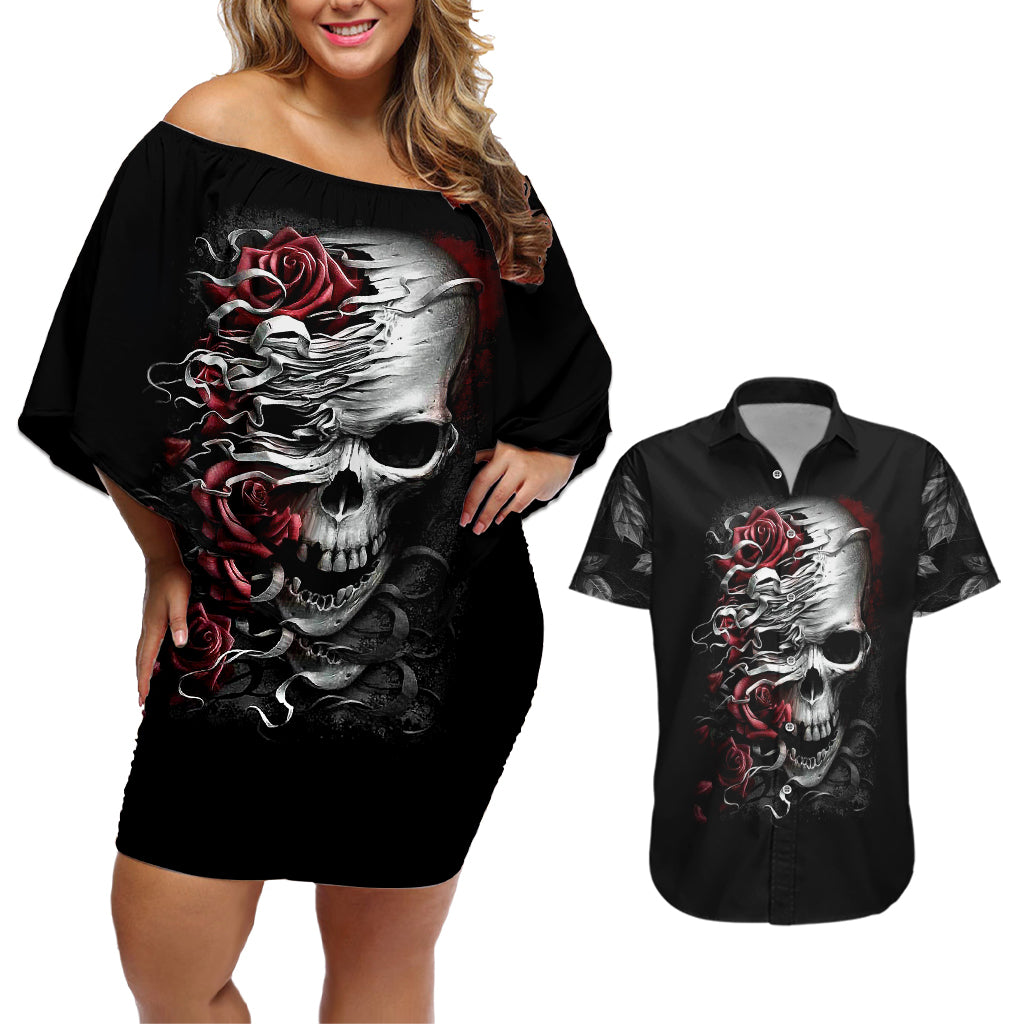 Skull Couples Matching Off Shoulder Short Dress and Hawaiian Shirt Three Skull No See Evil Rose - Wonder Print Shop