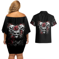Skull Couples Matching Off Shoulder Short Dress and Hawaiian Shirt Three Skull No See Evil Rose - Wonder Print Shop