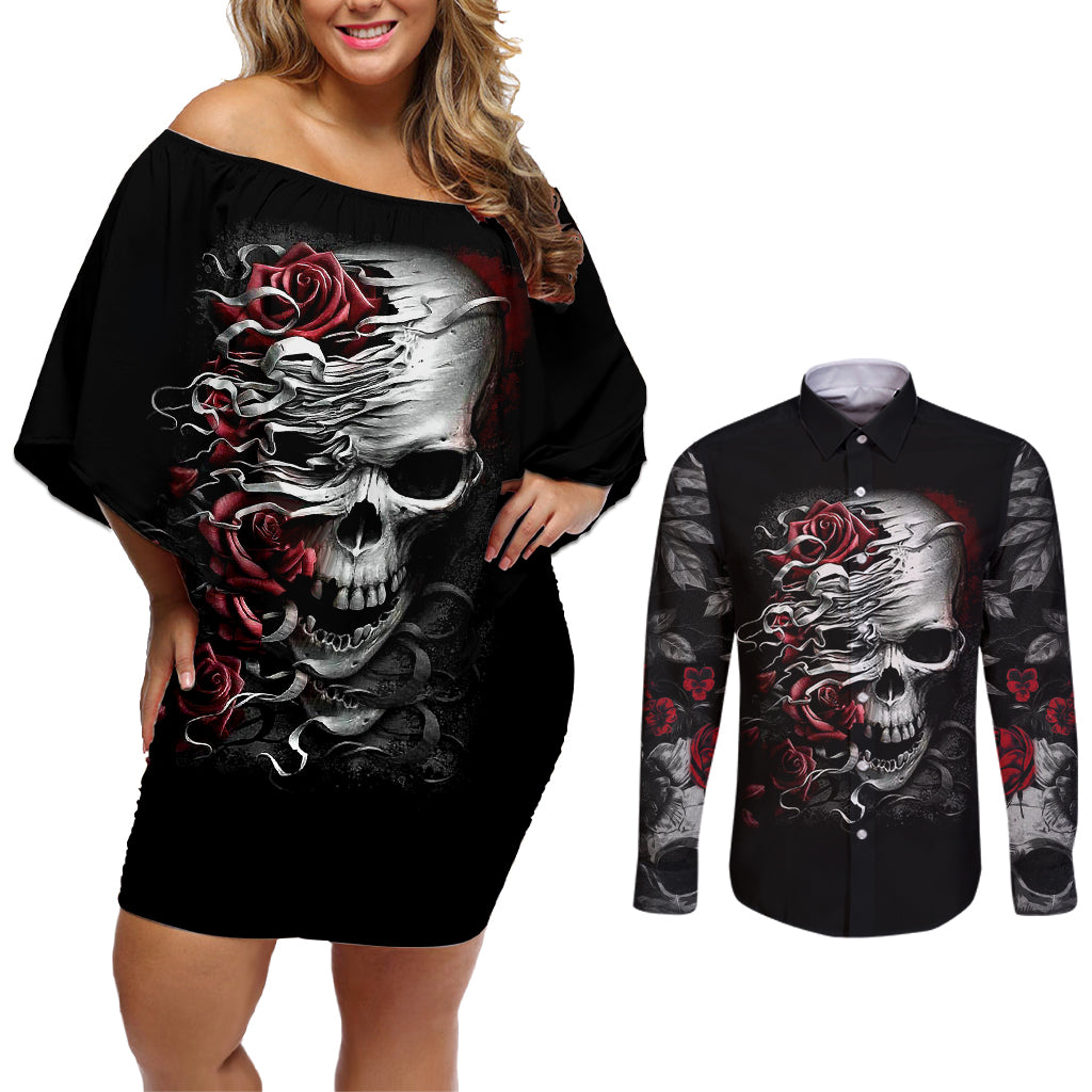 Skull Couples Matching Off Shoulder Short Dress and Long Sleeve Button Shirts Three Skull No See Evil Rose - Wonder Print Shop