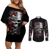 Skull Couples Matching Off Shoulder Short Dress and Long Sleeve Button Shirts Three Skull No See Evil Rose - Wonder Print Shop