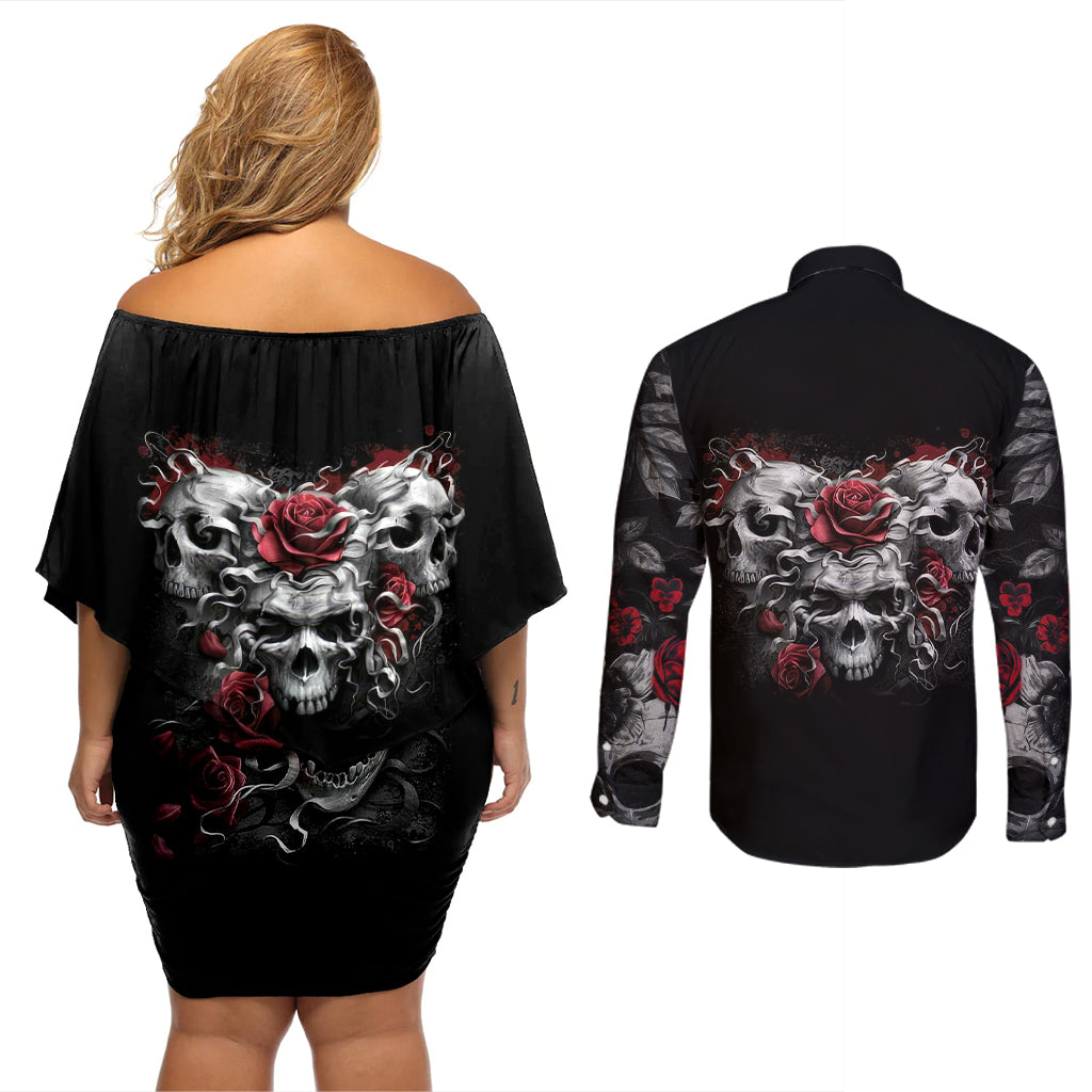 Skull Couples Matching Off Shoulder Short Dress and Long Sleeve Button Shirts Three Skull No See Evil Rose - Wonder Print Shop