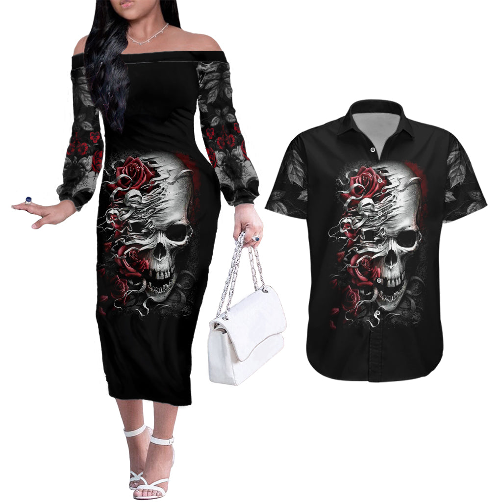 Skull Couples Matching Off The Shoulder Long Sleeve Dress and Hawaiian Shirt Three Skull No See Evil Rose - Wonder Print Shop
