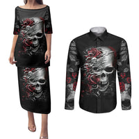 Skull Couples Matching Puletasi Dress and Long Sleeve Button Shirts Three Skull No See Evil Rose - Wonder Print Shop
