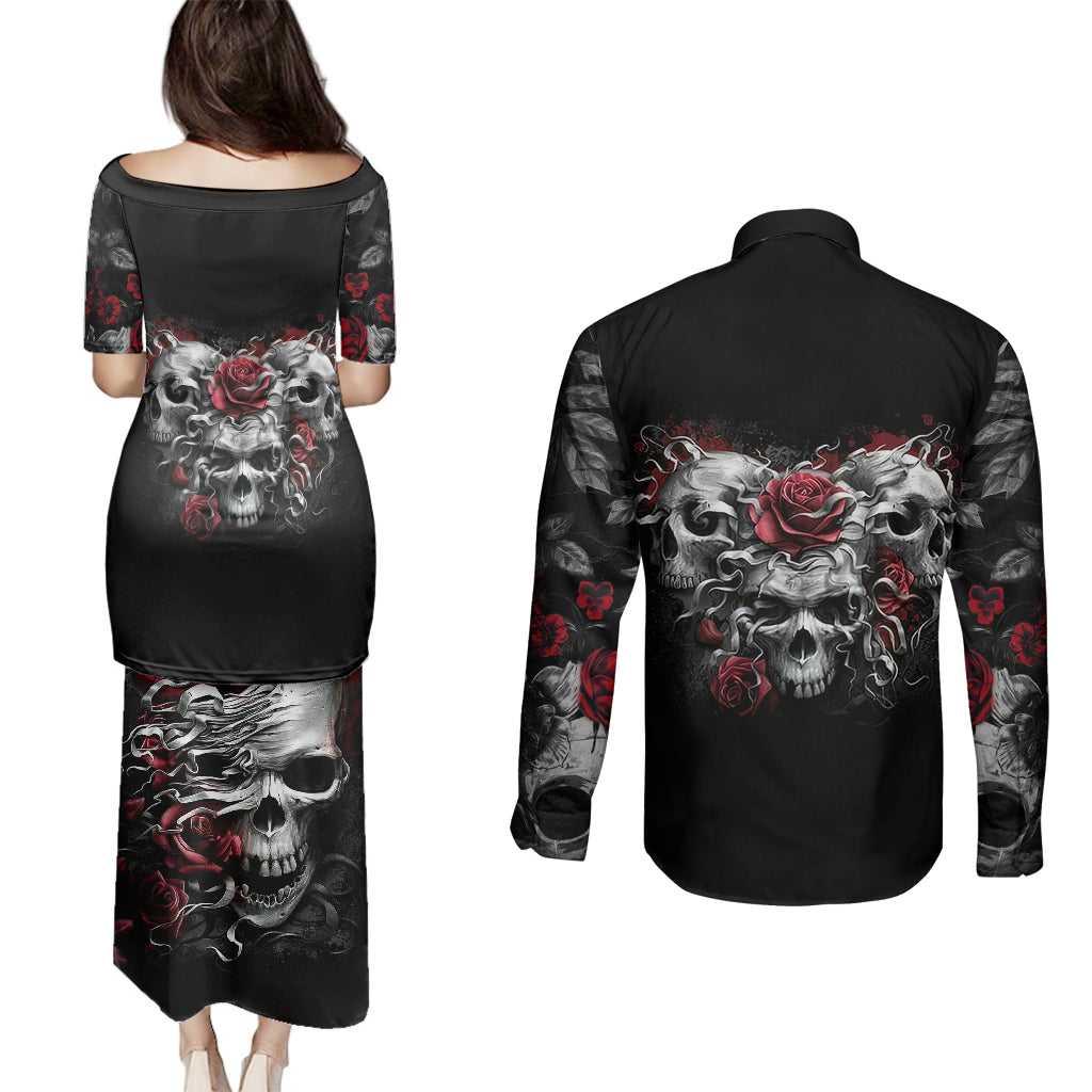 Skull Couples Matching Puletasi Dress and Long Sleeve Button Shirts Three Skull No See Evil Rose - Wonder Print Shop