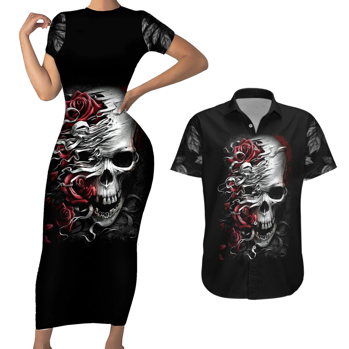 Skull Couples Matching Short Sleeve Bodycon Dress and Hawaiian Shirt Three Skull No See Evil Rose - Wonder Print Shop