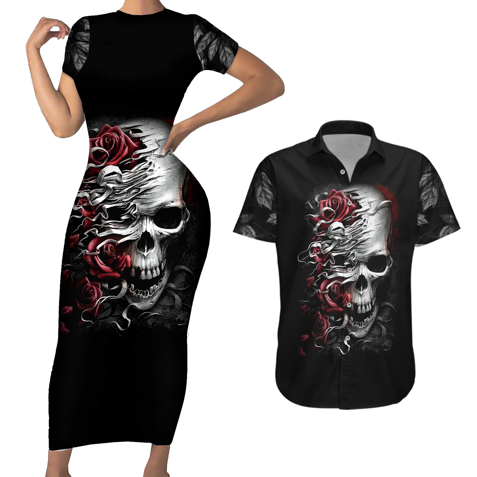 Skull Couples Matching Short Sleeve Bodycon Dress and Hawaiian Shirt Three Skull No See Evil Rose - Wonder Print Shop