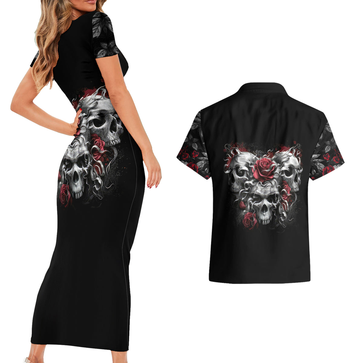 Skull Couples Matching Short Sleeve Bodycon Dress and Hawaiian Shirt Three Skull No See Evil Rose - Wonder Print Shop