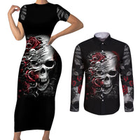 Skull Couples Matching Short Sleeve Bodycon Dress and Long Sleeve Button Shirts Three Skull No See Evil Rose - Wonder Print Shop