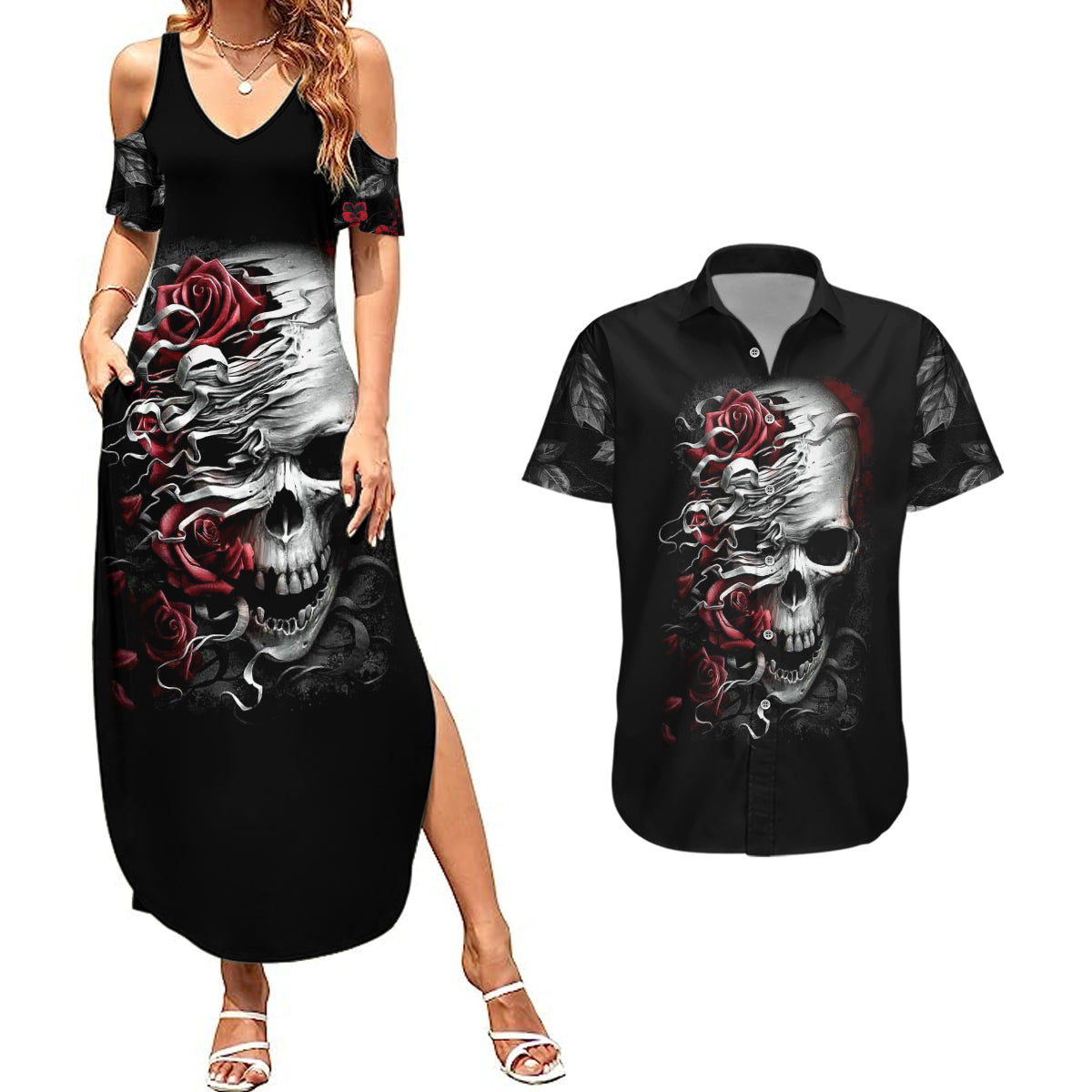 Skull Couples Matching Summer Maxi Dress and Hawaiian Shirt Three Skull No See Evil Rose - Wonder Print Shop