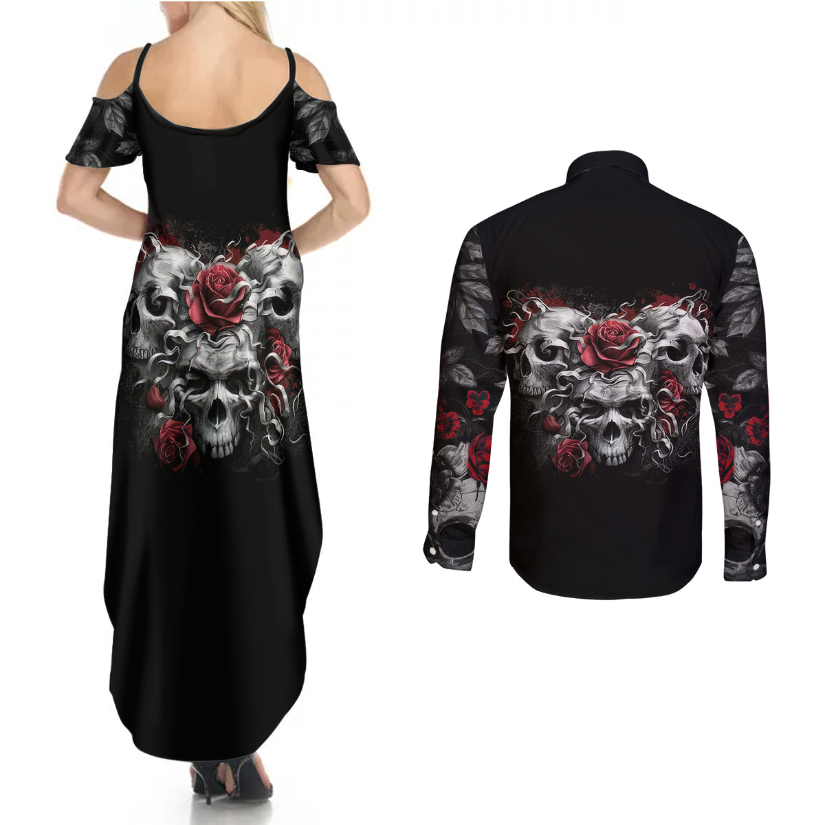 Skull Couples Matching Summer Maxi Dress and Long Sleeve Button Shirts Three Skull No See Evil Rose - Wonder Print Shop