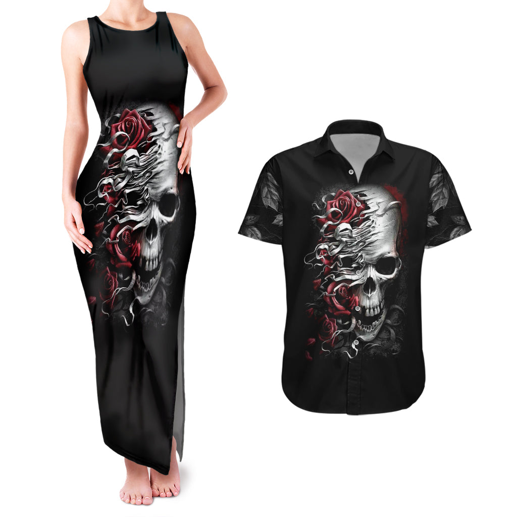Skull Couples Matching Tank Maxi Dress And Hawaiian Shirt Three Skull No See Evil Rose - Wonder Print Shop