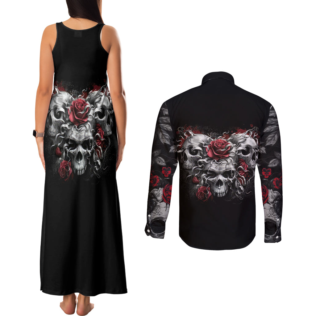 Skull Couples Matching Tank Maxi Dress and Long Sleeve Button Shirts Three Skull No See Evil Rose - Wonder Print Shop