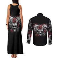 Skull Couples Matching Tank Maxi Dress and Long Sleeve Button Shirts Three Skull No See Evil Rose - Wonder Print Shop