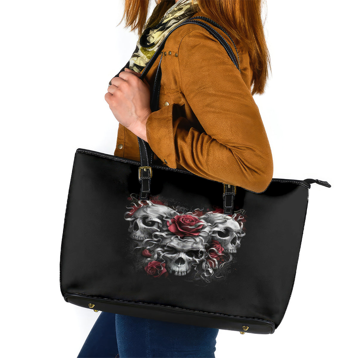 Skull Leather Tote Bag Three Skull No See Evil Rose - Wonder Print Shop