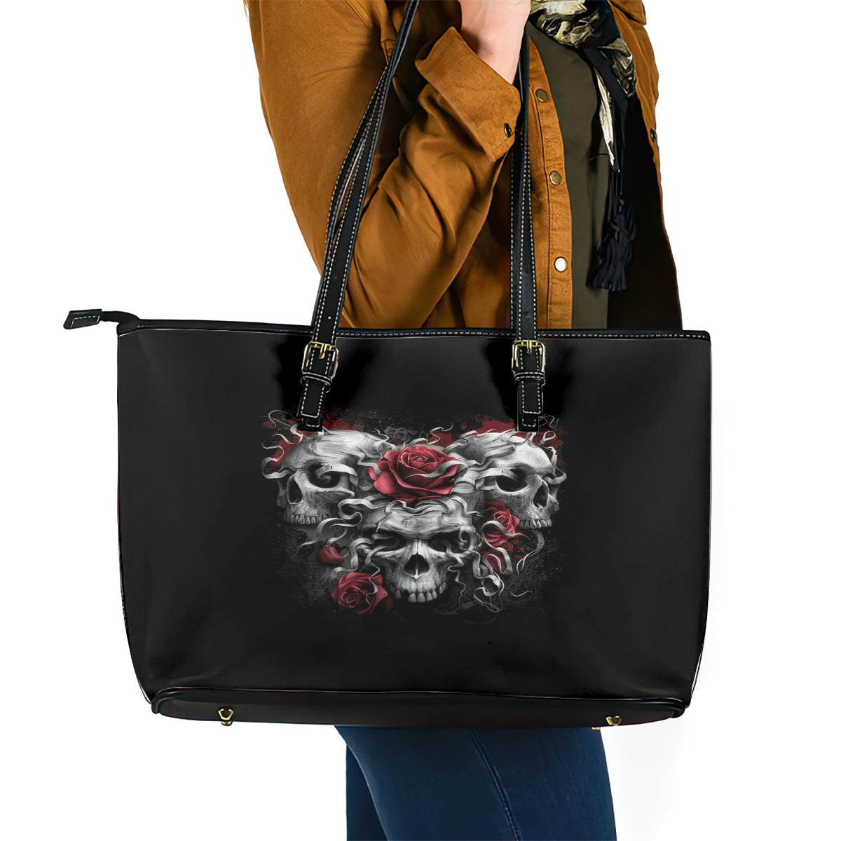 Skull Leather Tote Bag Three Skull No See Evil Rose - Wonder Print Shop
