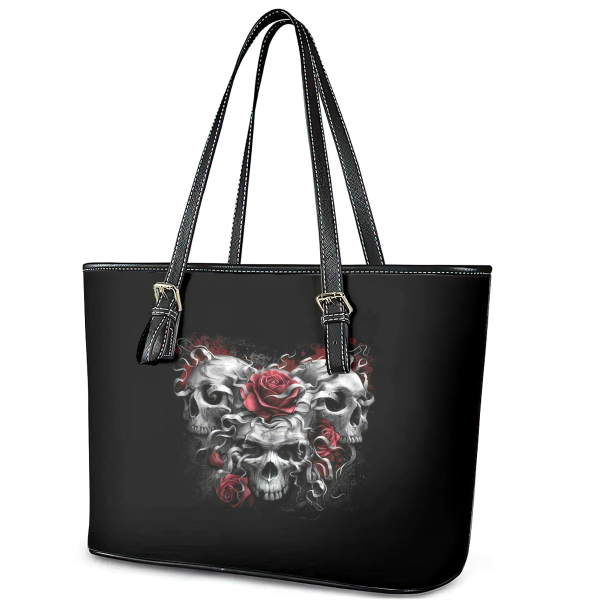 Skull Leather Tote Bag Three Skull No See Evil Rose - Wonder Print Shop