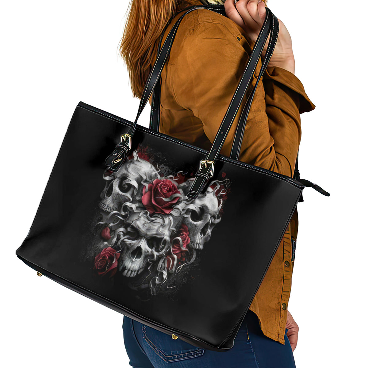Skull Leather Tote Bag Three Skull No See Evil Rose - Wonder Print Shop