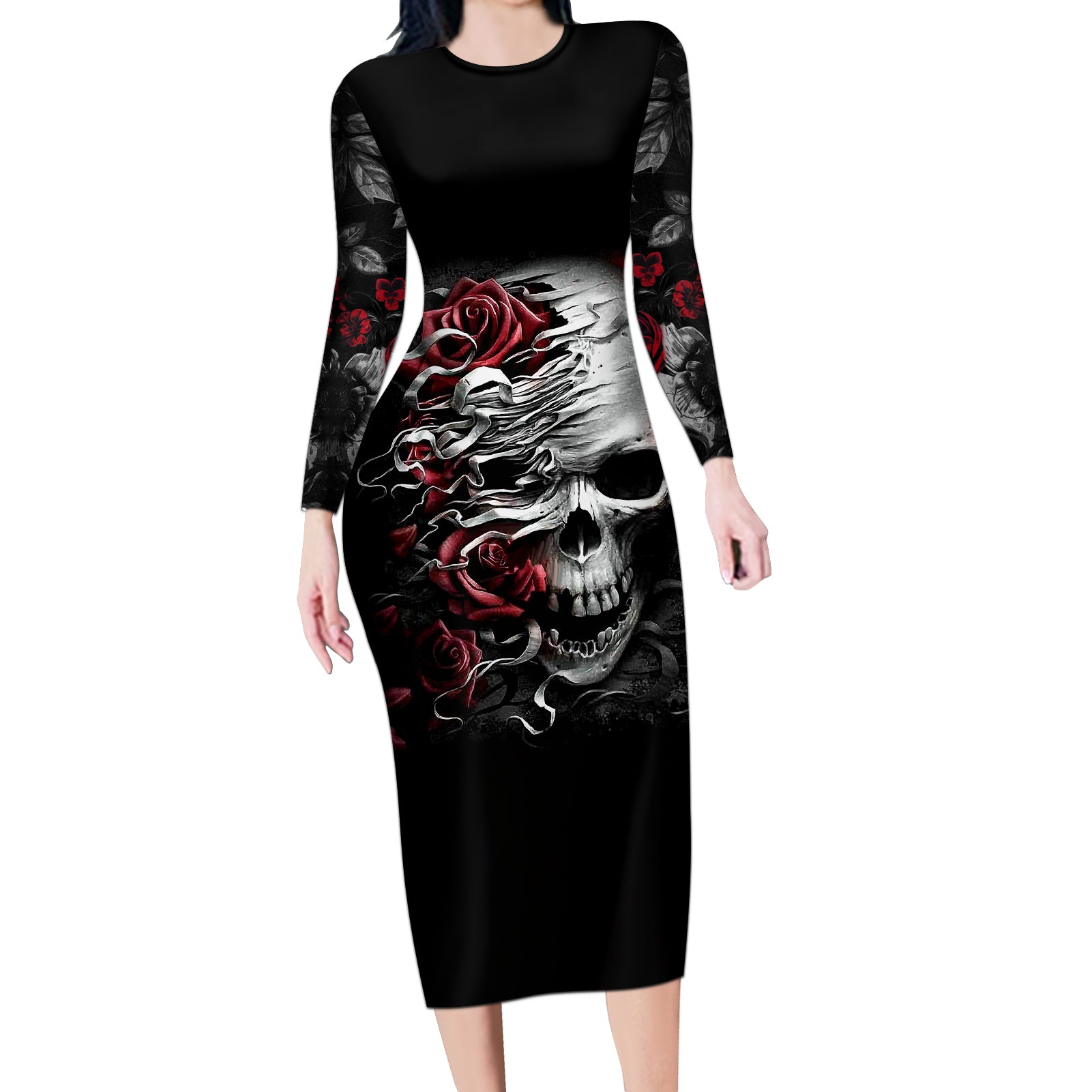 Skull Long Sleeve Bodycon Dress Three Skull No See Evil Rose - Wonder Print Shop
