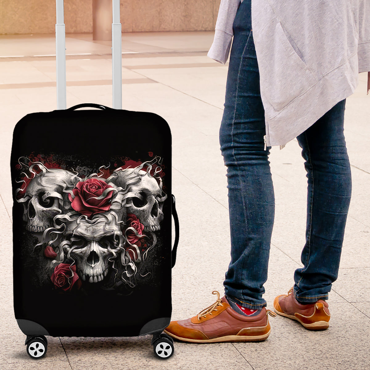 Skull Luggage Cover Three Skull No See Evil Rose - Wonder Print Shop