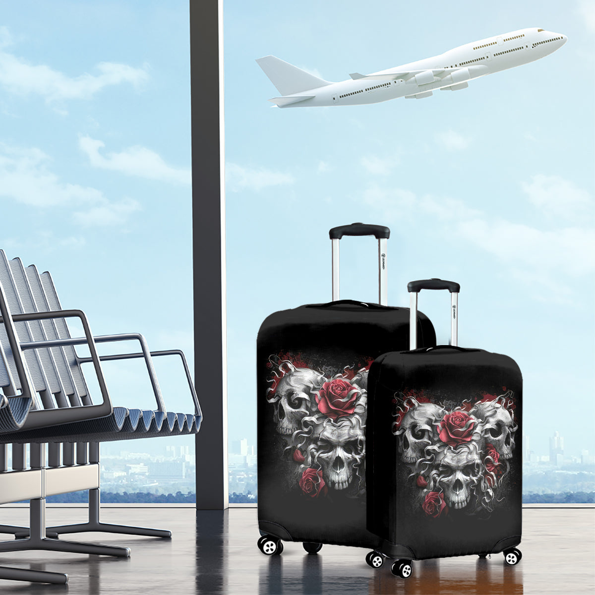 Skull Luggage Cover Three Skull No See Evil Rose - Wonder Print Shop