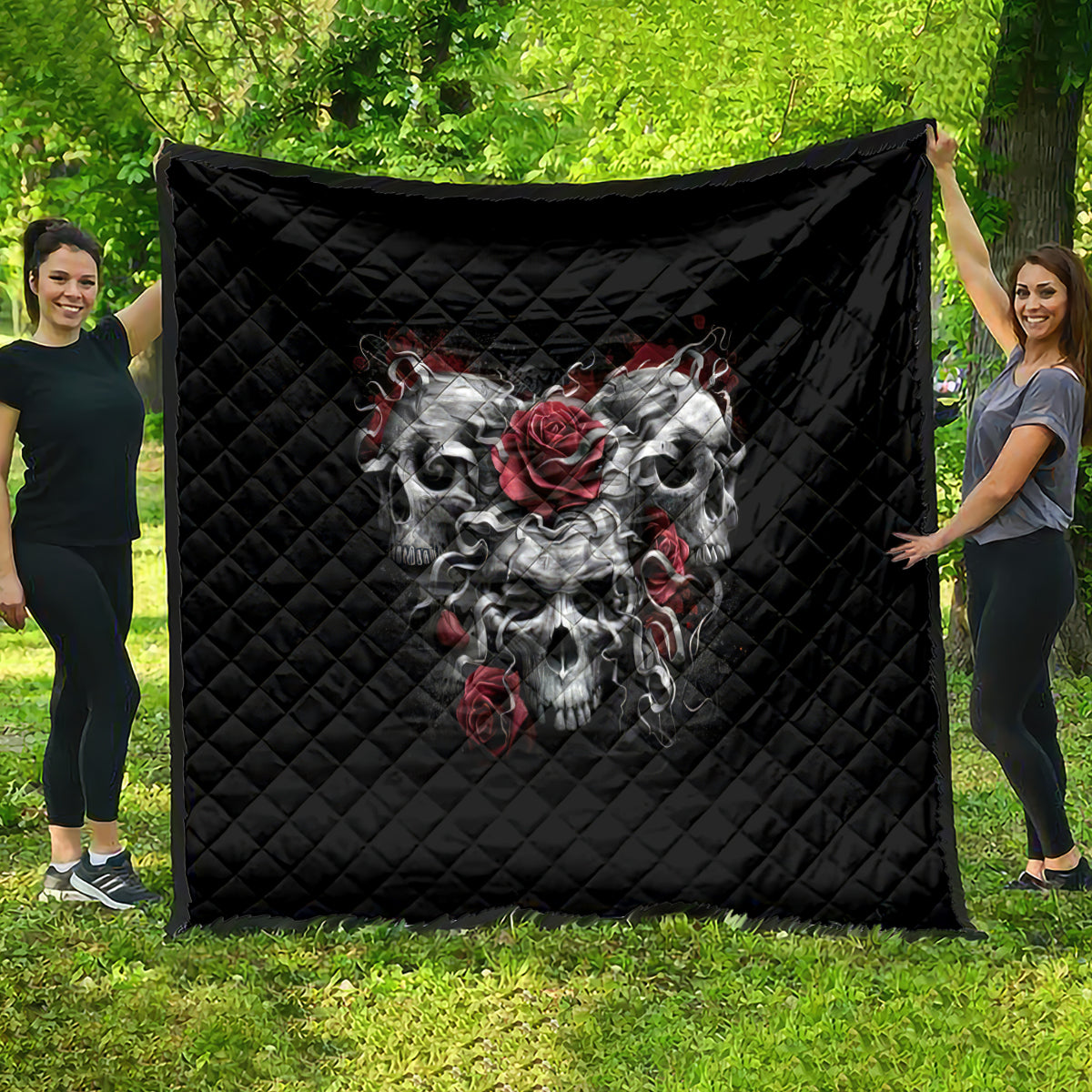 Skull Quilt Three Skull No See Evil Rose - Wonder Print Shop