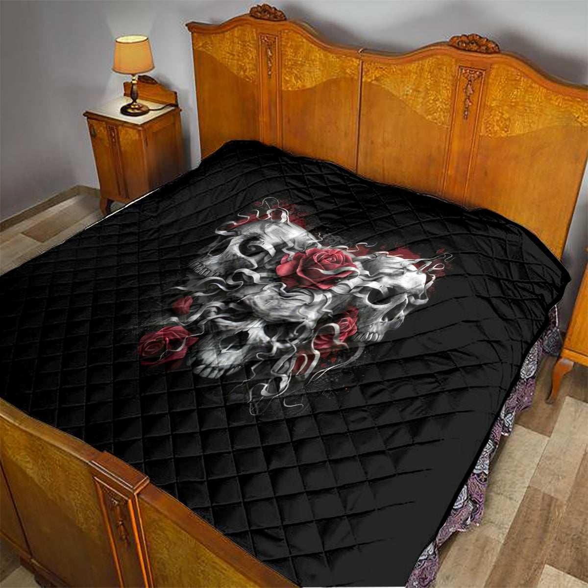 Skull Quilt Three Skull No See Evil Rose - Wonder Print Shop