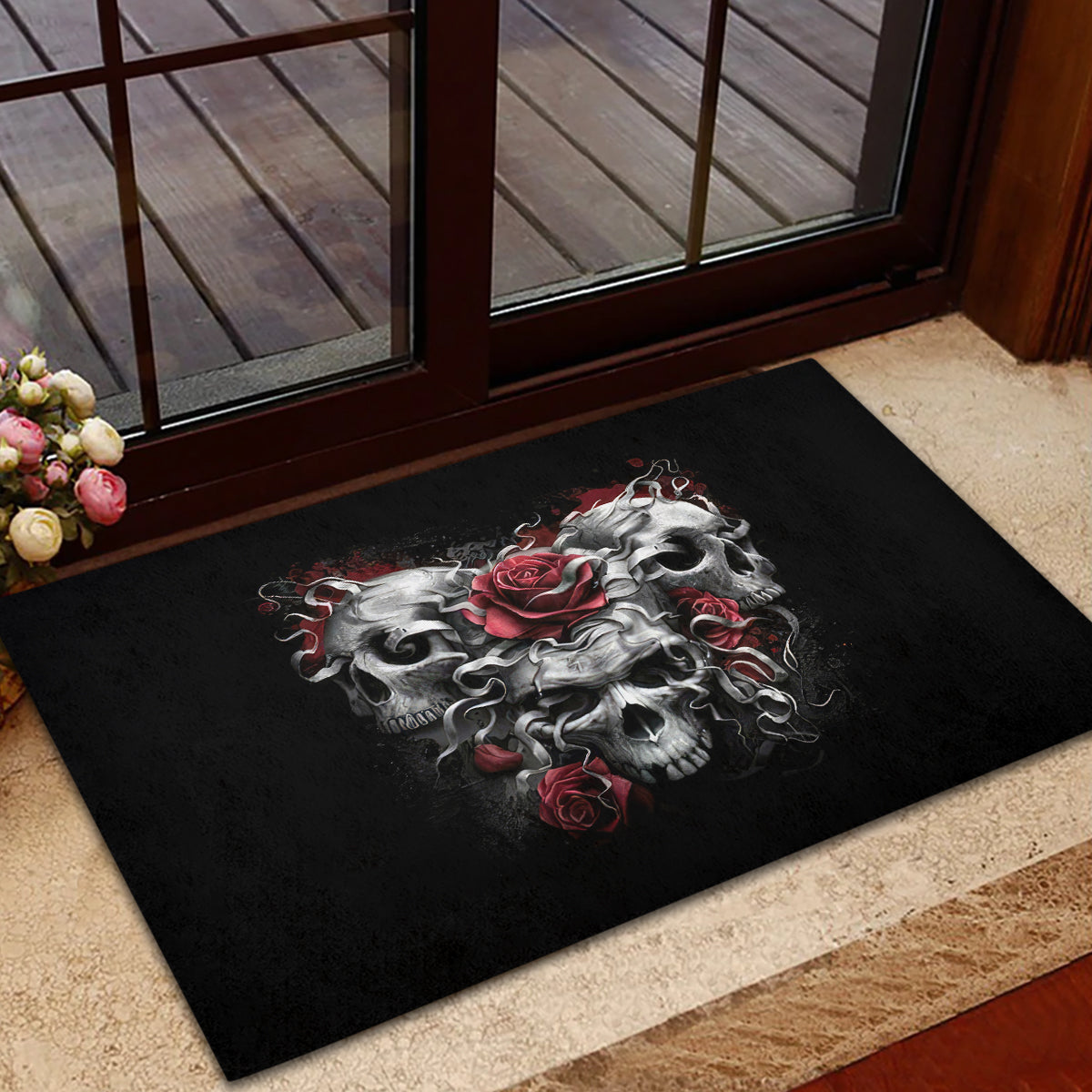 Skull Rubber Doormat Three Skull No See Evil Rose - Wonder Print Shop