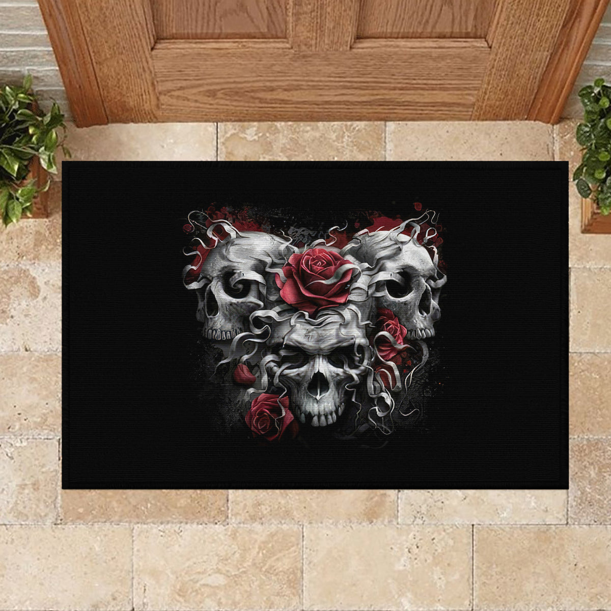 Skull Rubber Doormat Three Skull No See Evil Rose - Wonder Print Shop