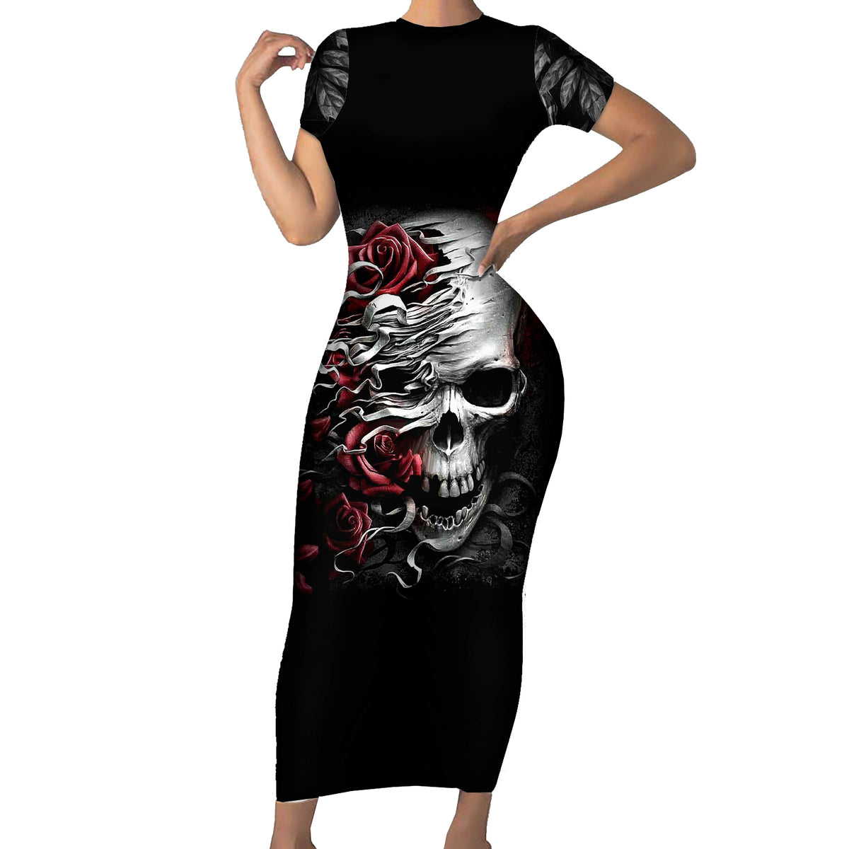 Skull Short Sleeve Bodycon Dress Three Skull No See Evil Rose - Wonder Print Shop