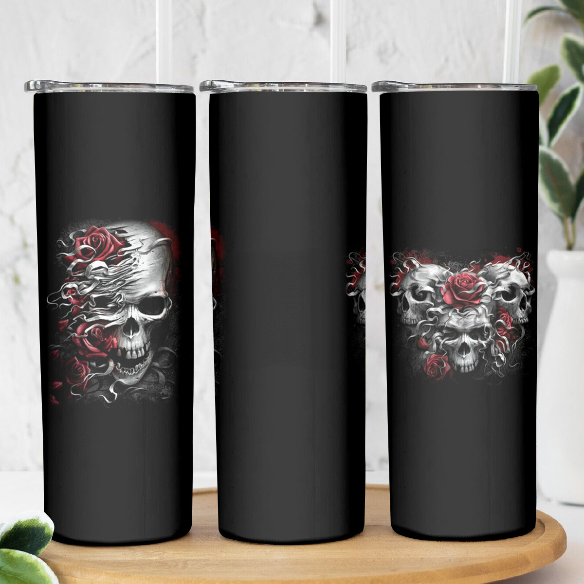 Skull Skinny Tumbler Three Skull No See Evil Rose - Wonder Print Shop
