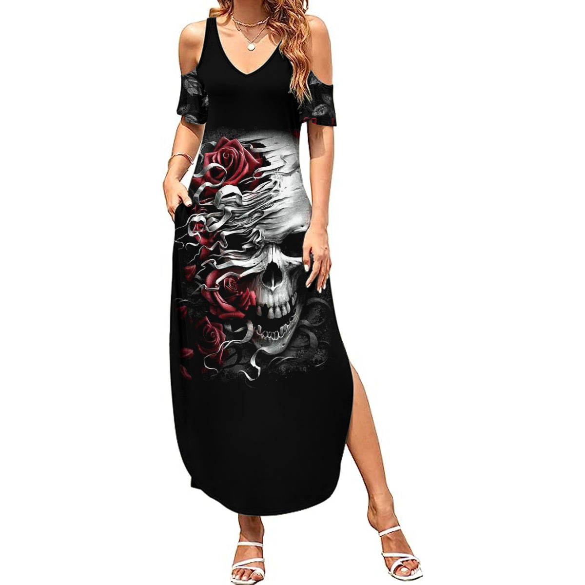 Skull Summer Maxi Dress Three Skull No See Evil Rose - Wonder Print Shop