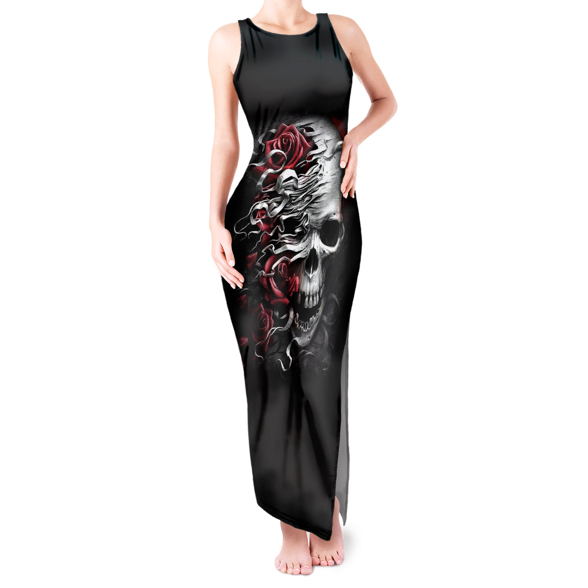 Skull Tank Maxi Dress Three Skull No See Evil Rose - Wonder Print Shop