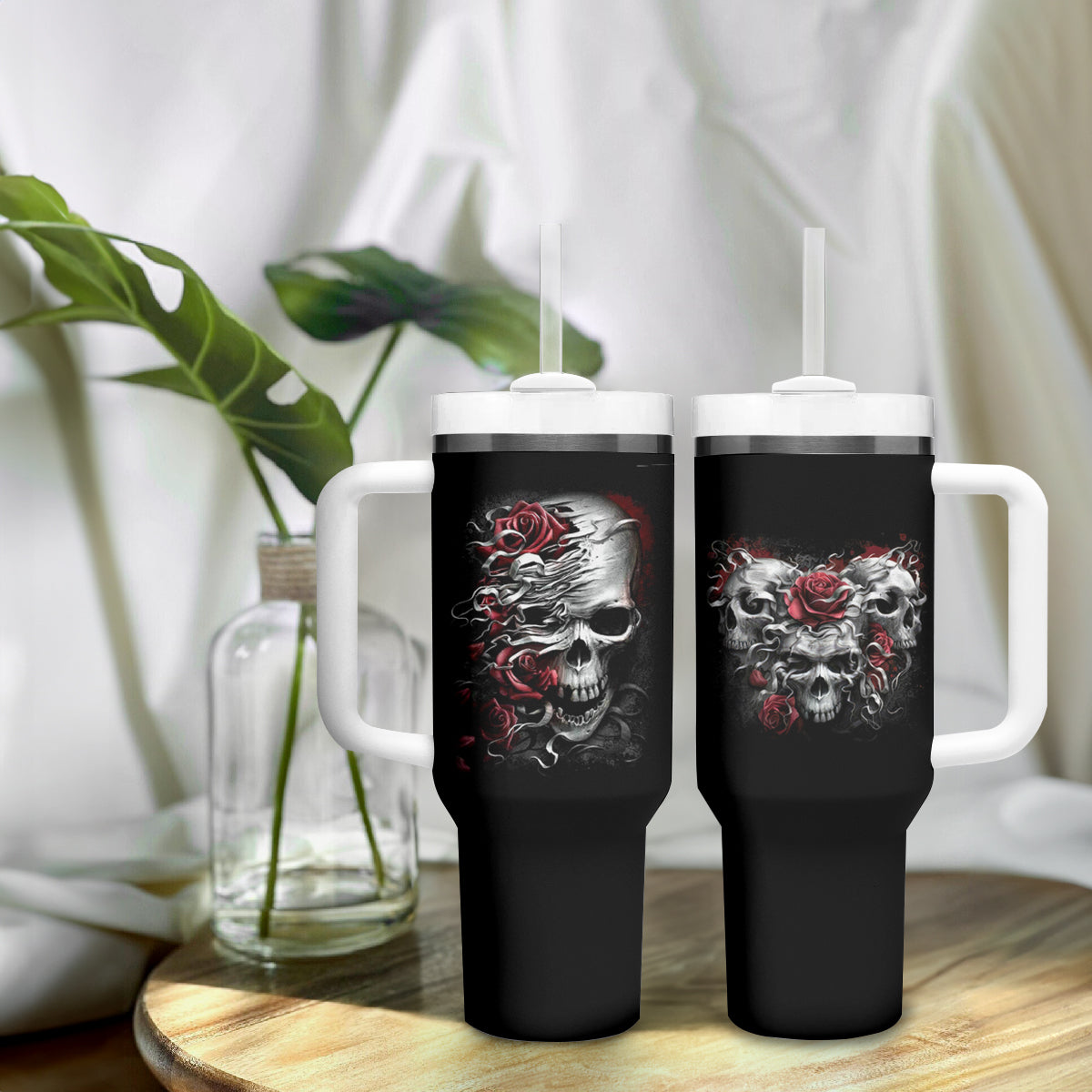 Skull Tumbler With Handle Three Skull No See Evil Rose - Wonder Print Shop