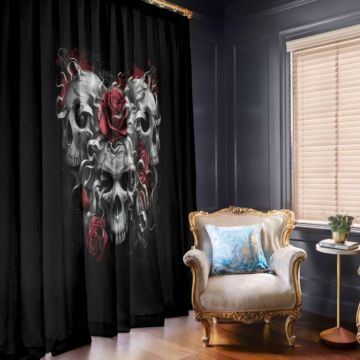 Skull Window Curtain Three Skull No See Evil Rose - Wonder Print Shop