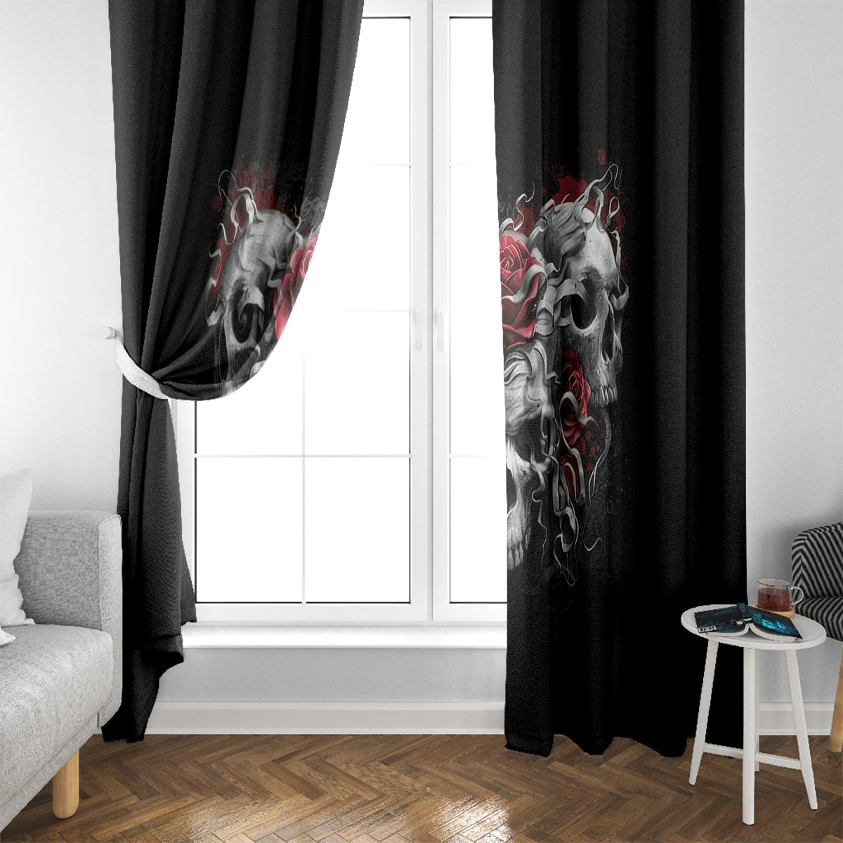 Skull Window Curtain Three Skull No See Evil Rose - Wonder Print Shop