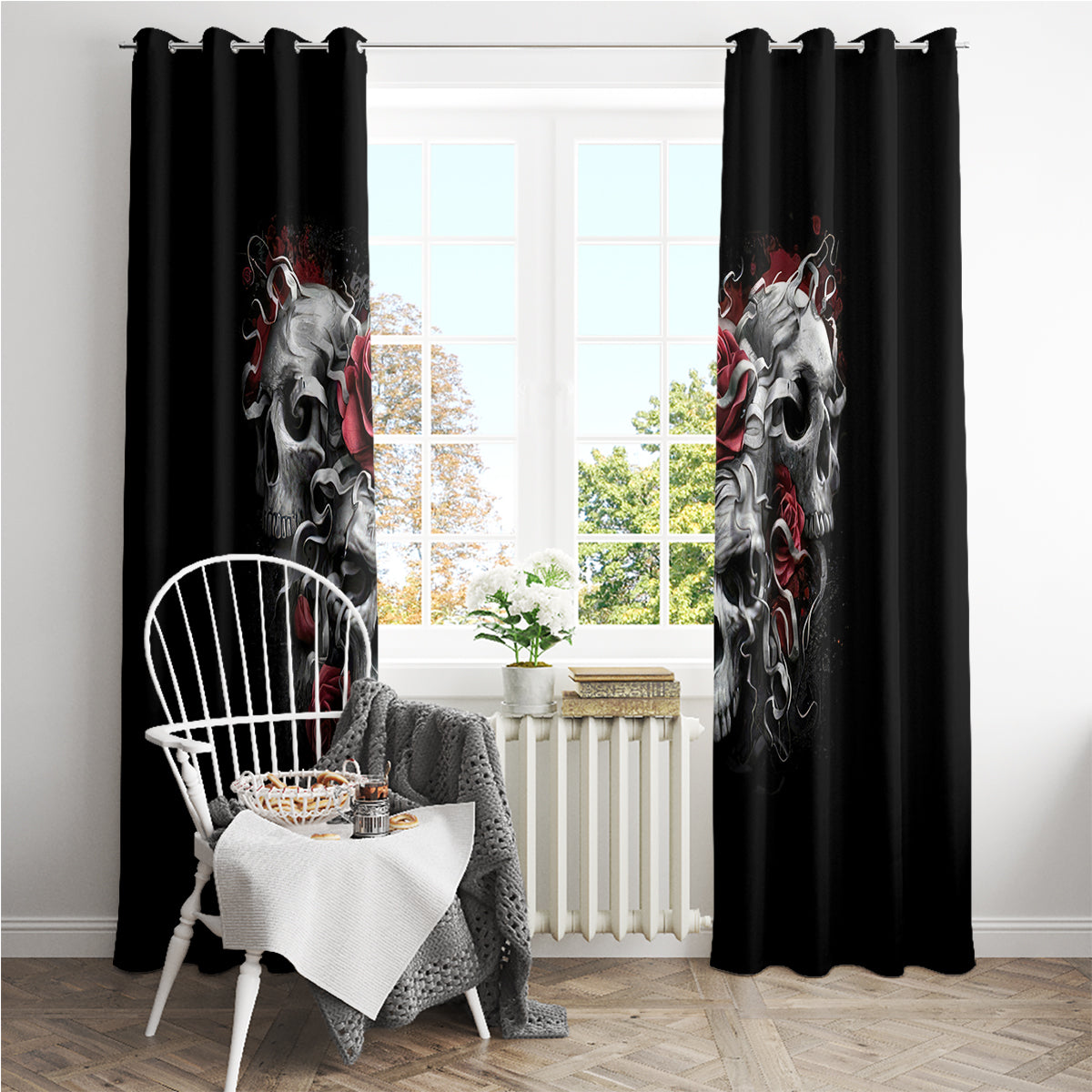 Skull Window Curtain Three Skull No See Evil Rose - Wonder Print Shop