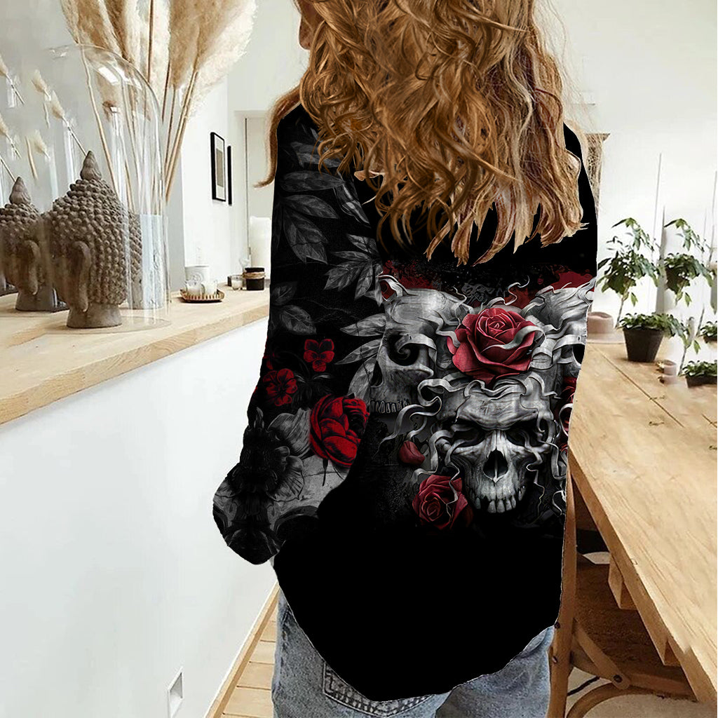 Skull Women Casual Shirt Three Skull No See Evil Rose - Wonder Print Shop