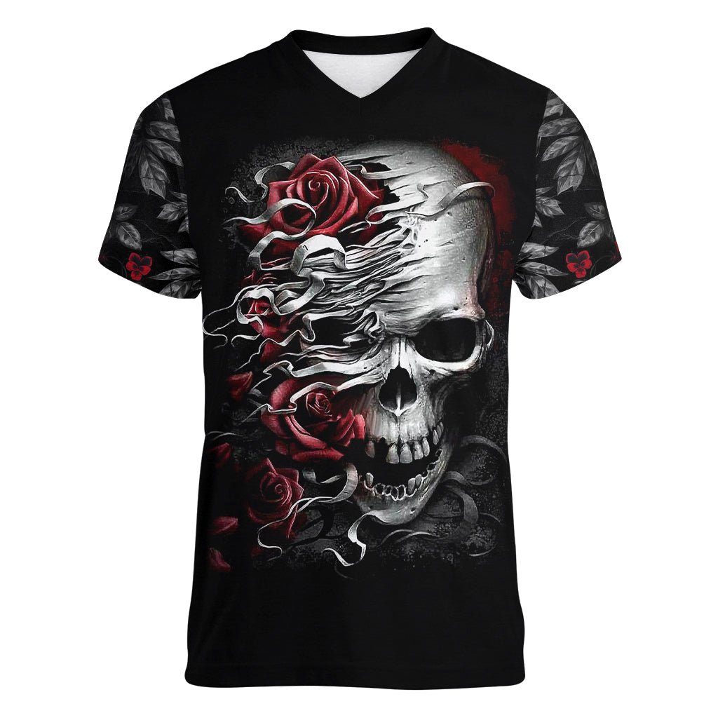 Skull Women V Neck T Shirt Three Skull No See Evil Rose - Wonder Print Shop