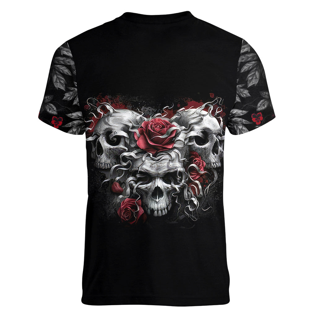 Skull Women V Neck T Shirt Three Skull No See Evil Rose - Wonder Print Shop