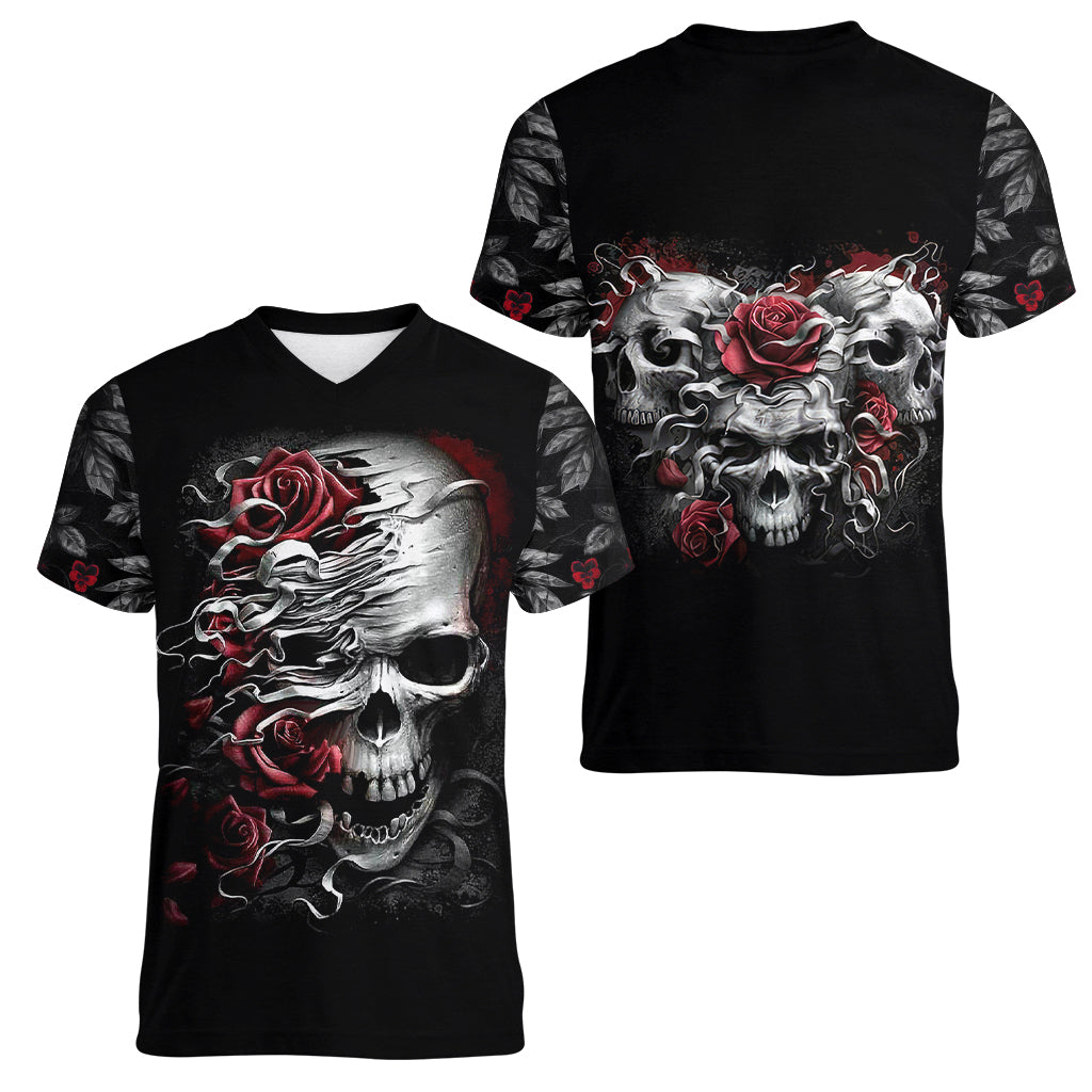 Skull Women V Neck T Shirt Three Skull No See Evil Rose - Wonder Print Shop