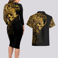 Skull Couples Matching Long Sleeve Bodycon Dress and Hawaiian Shirt Golden Warrior Royal - Wonder Print Shop