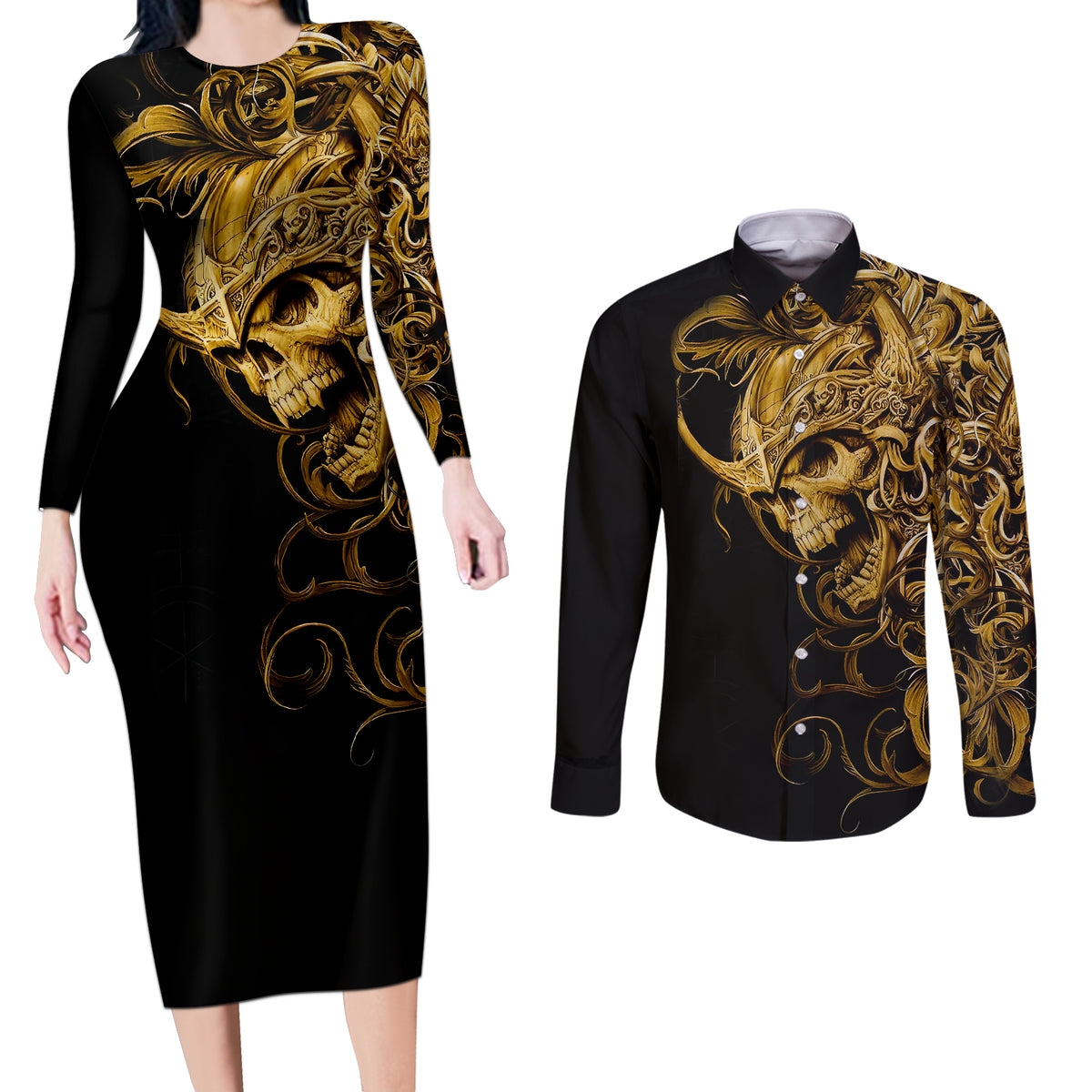 Skull Couples Matching Long Sleeve Bodycon Dress and Long Sleeve Button Shirts Golden Warrior Royal - Wonder Print Shop