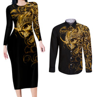 Skull Couples Matching Long Sleeve Bodycon Dress and Long Sleeve Button Shirts Golden Warrior Royal - Wonder Print Shop