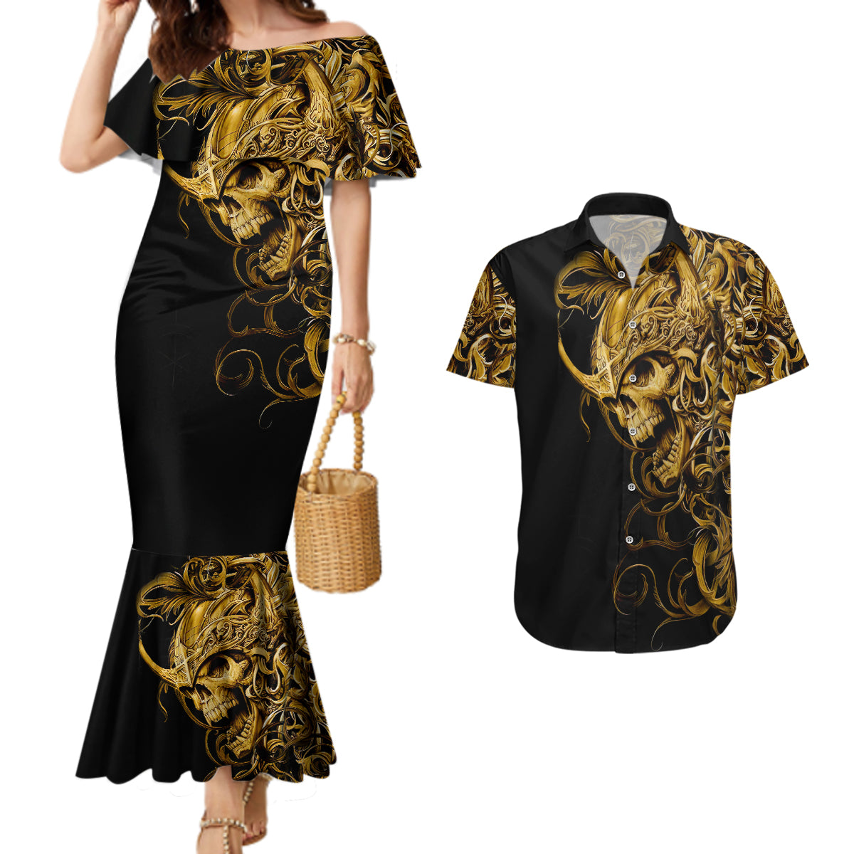 Skull Couples Matching Mermaid Dress And Hawaiian Shirt Golden Warrior Royal - Wonder Print Shop