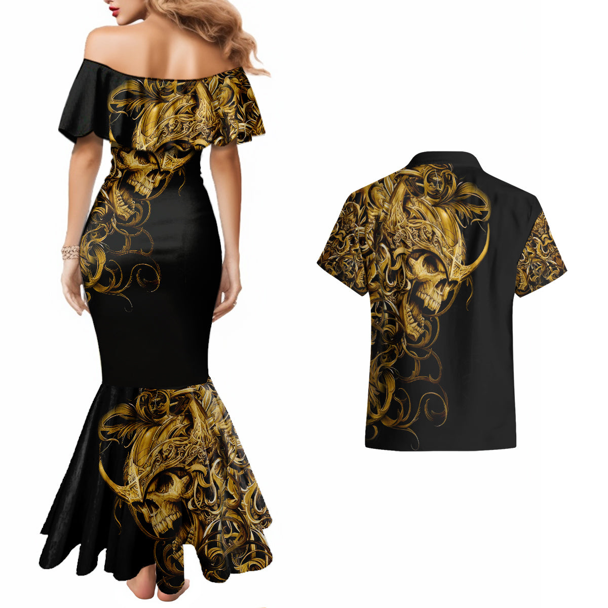 Skull Couples Matching Mermaid Dress And Hawaiian Shirt Golden Warrior Royal - Wonder Print Shop