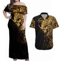Skull Couples Matching Off Shoulder Maxi Dress and Hawaiian Shirt Golden Warrior Royal - Wonder Print Shop