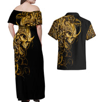 Skull Couples Matching Off Shoulder Maxi Dress and Hawaiian Shirt Golden Warrior Royal - Wonder Print Shop